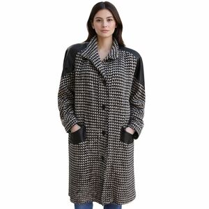 Vintage Houndstooth Coat  Leather Trim Black White Long Jacket Pockets 14